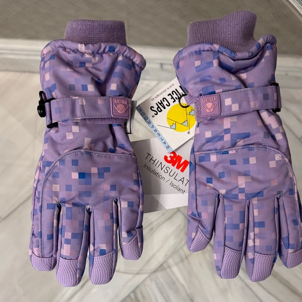 N'ICE CAPS Girls Purple/Pink Square Camo Print Winter Gloves NWT